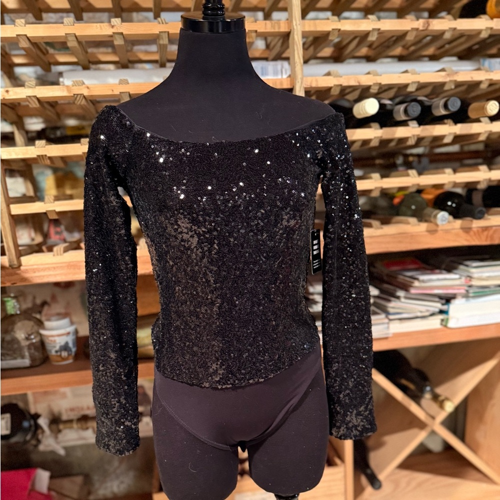 Express‎ Black Sequin Off The Shoulder Long Sleeve Bodysuit Small NWT 06685074